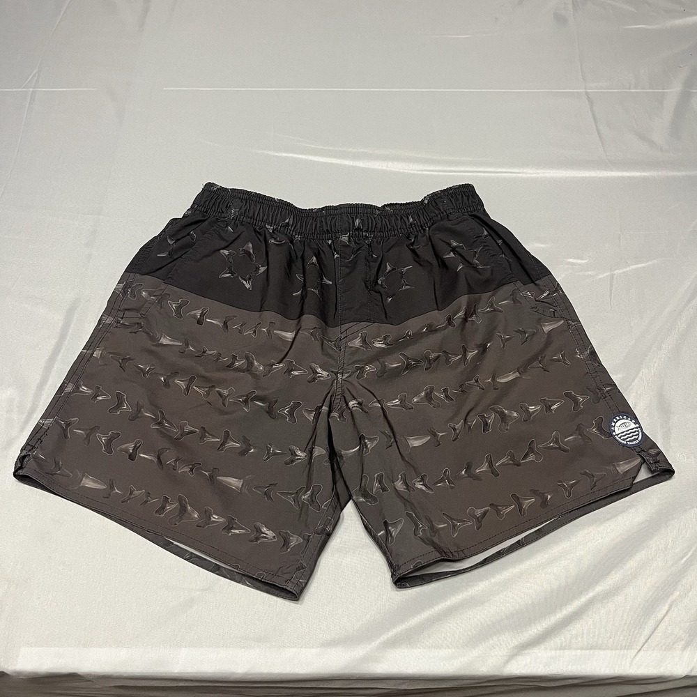 Aftco Swim Shorts Mens M Gray Shark Tooth Print Mesh Lined Fishing Drawstring
